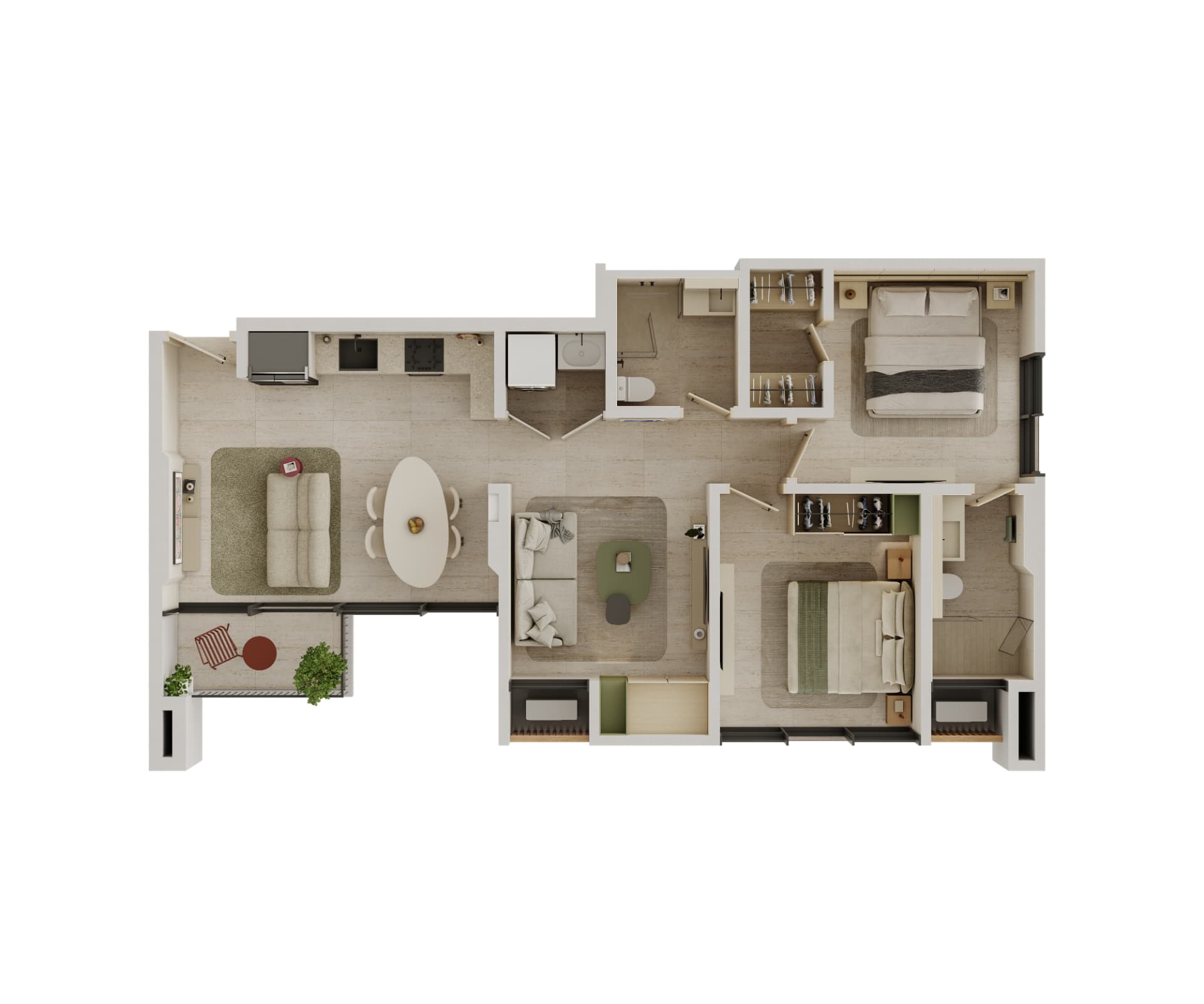 Planta típica de 88 m² — 2 recámaras · 2 baños · Flex · balcón