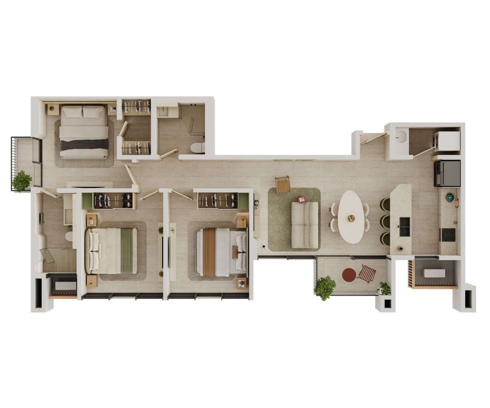 Planta típica de 102.60 m² — 3 recámaras · 2 baños · balcón