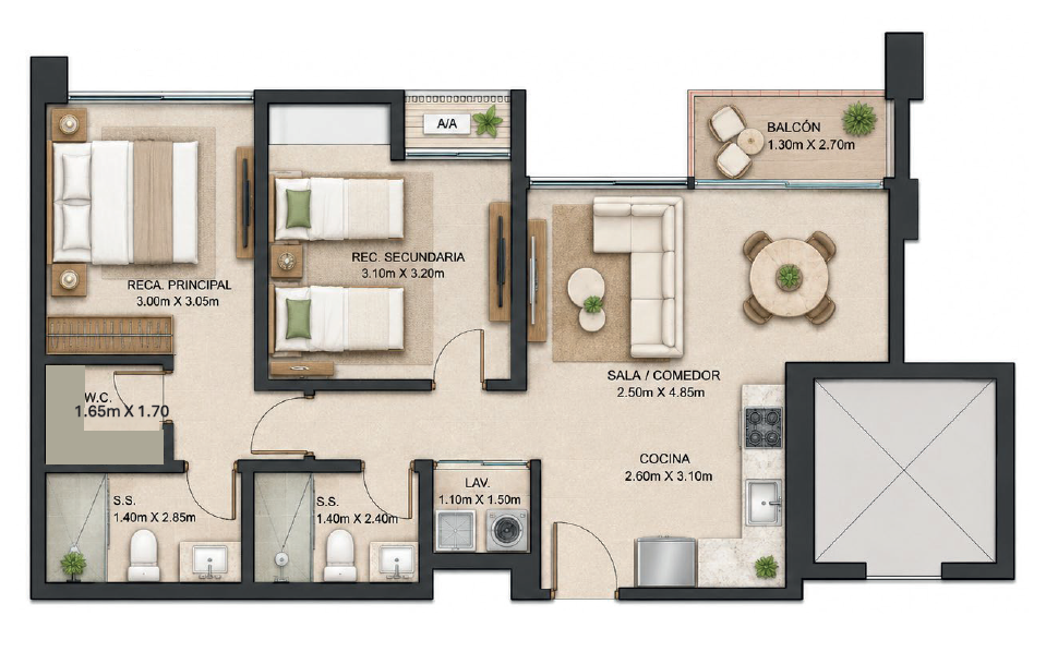 Planta típica de 73.20 m² — 2 recámaras · 2 baños · balcón
