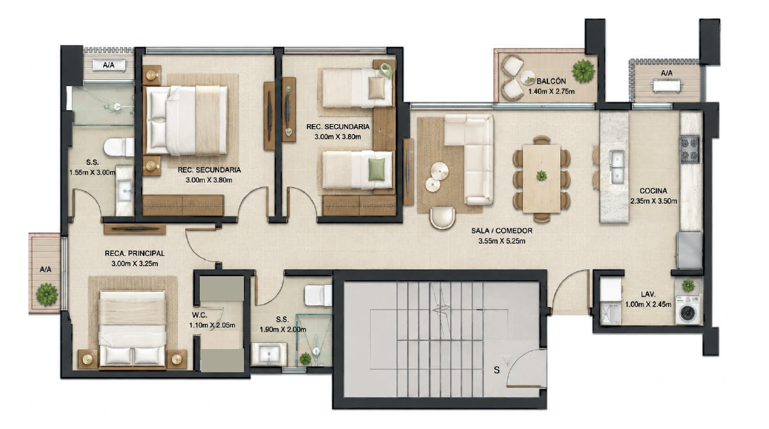 Planta típica de 99.40 m² — 3 recámaras · 2 baños · balcón