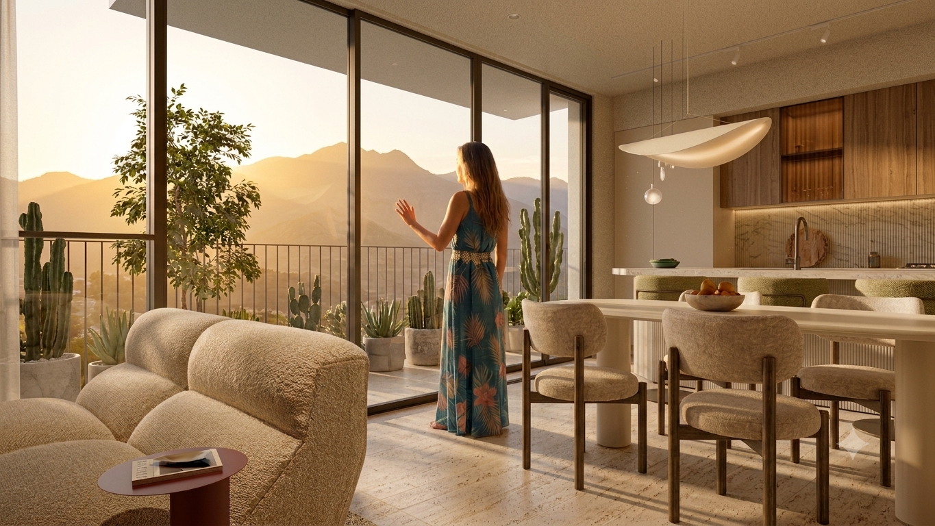 Interior de apartamento SENZA con sala-comedor, terraza y vista panorámica a las montañas de Green City, Panamá